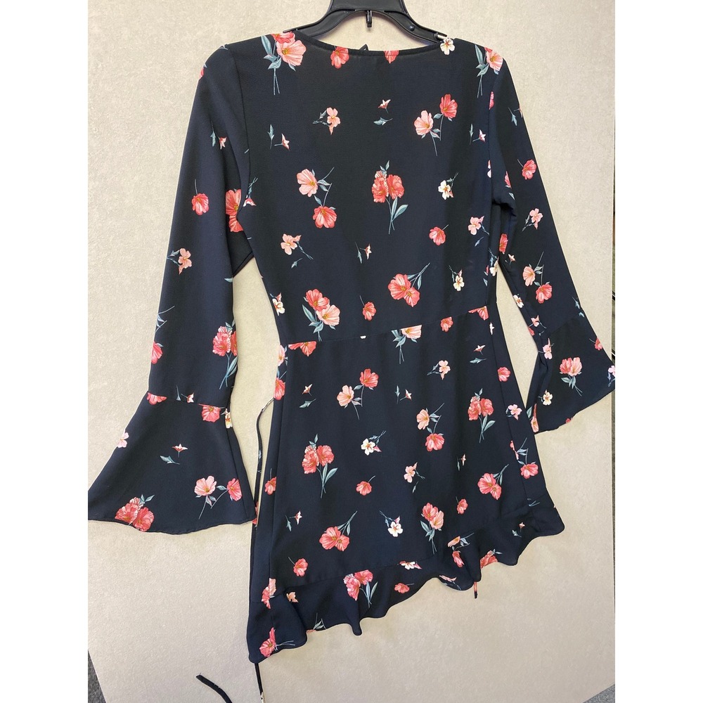 H&M Divided Floral Wrap Mini Dress Black Pink Bell Sleeve Ruffle Hem Size 4
